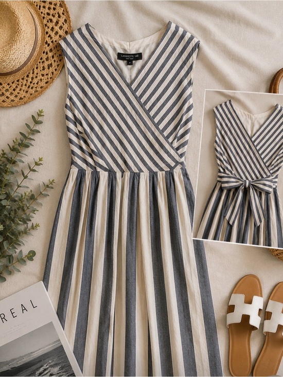 Lafayette 148 New York Dresses & Skirts - Lafayette 148 New York Navy and Cream Striped Wrap Midi Dress with Back Tie